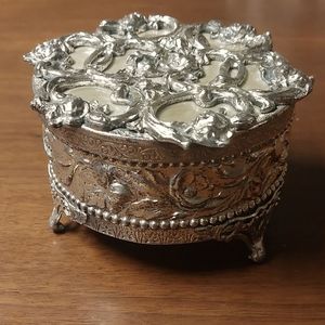 Vintage Metal and Glass Jewelry Box with Opal-Like Top